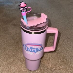 Dreamers Pink Tumbler/Thermos with Handle & Straw Topper, NEW
